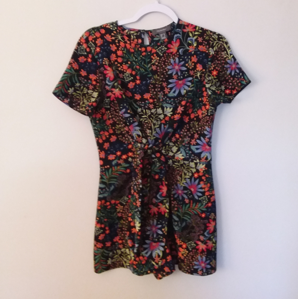 4/$20 Primark Romper Black w/Blue & Coral Flowers and Matching Tie